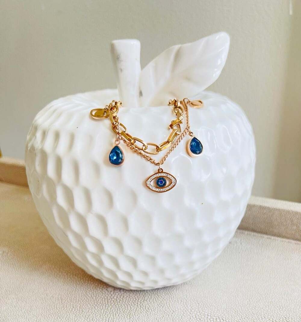 Trendy Evil Eye Blue Gold Tone Crystal Dangle Charm Cable Chain Bracelet